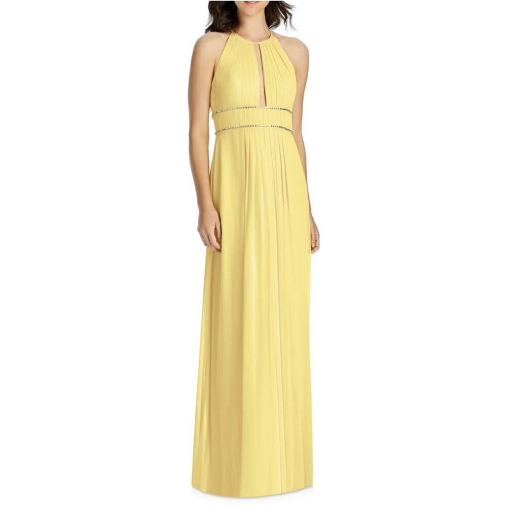NWOT Jenny Packham Lux Chiffon Halter Yellow Beaded Formal Bridesmaid Dress 0
